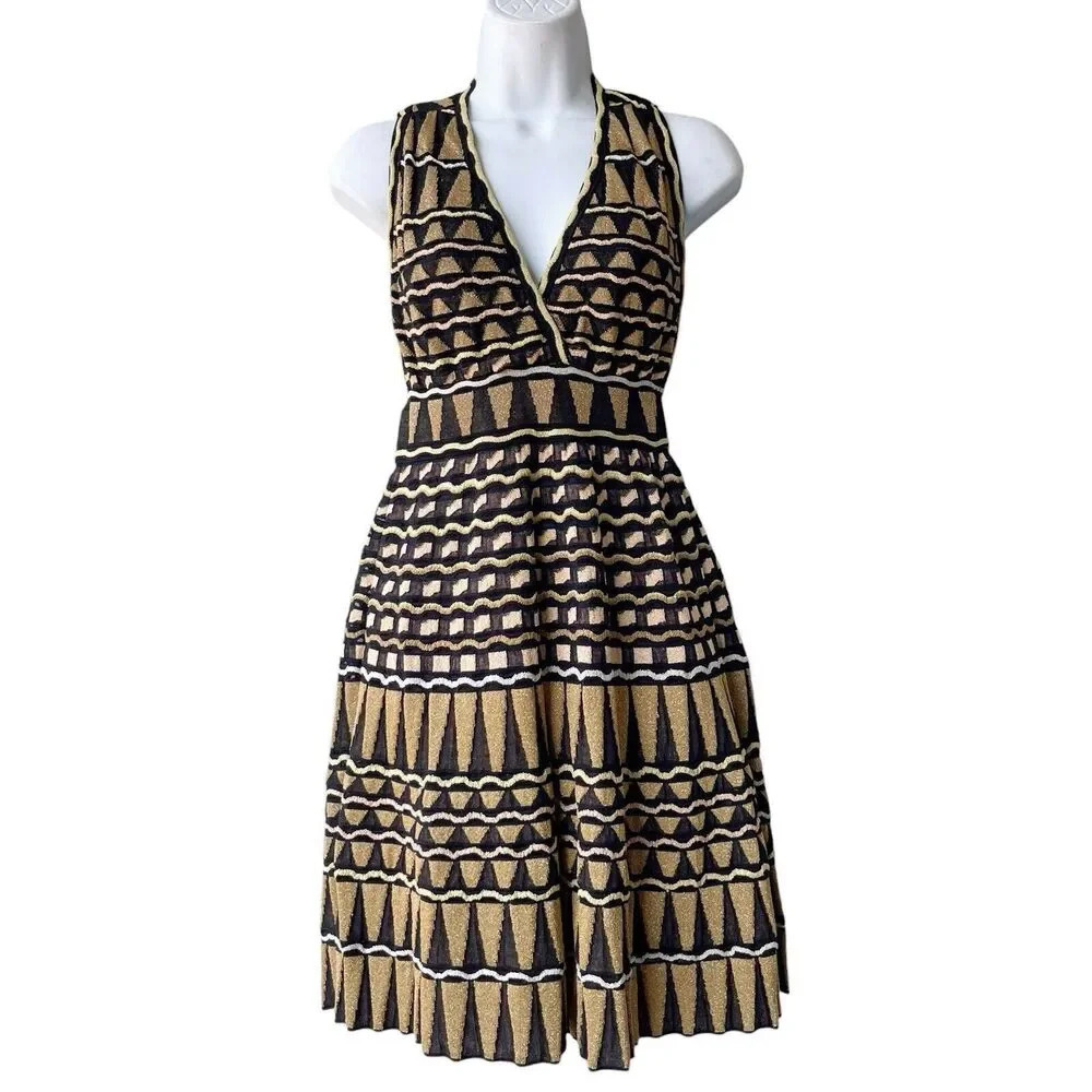 MISSONI Sheath Dress Black/Gold Lurex Knit Racer Back V-neck Sleeveless 44 US 8